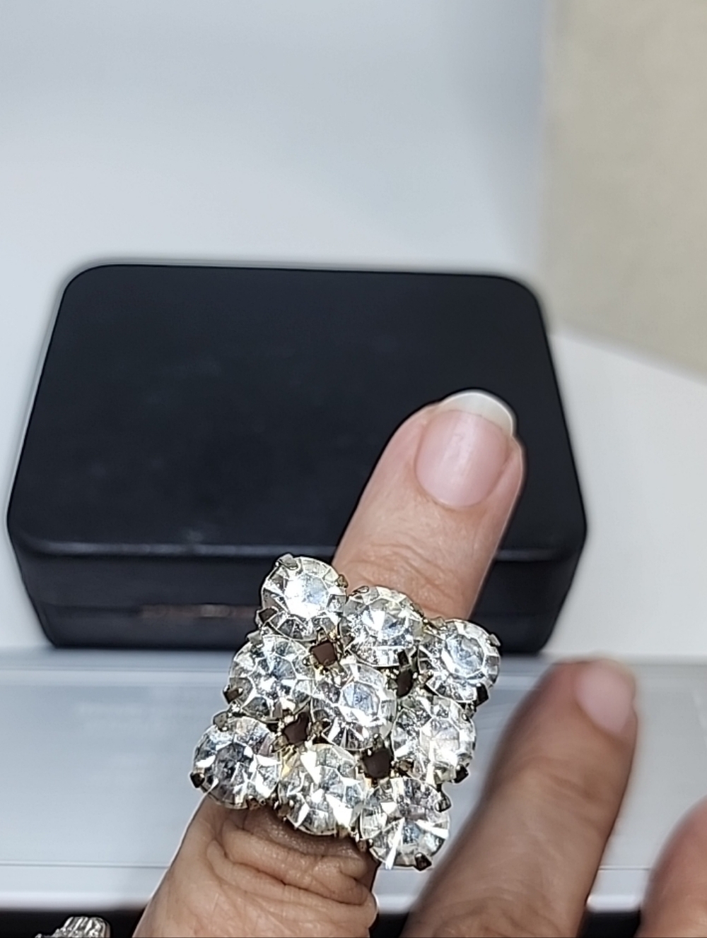 Vintage 1950s Rhinestone Square Cluster Silvertone Cocktail Ring Multisized
